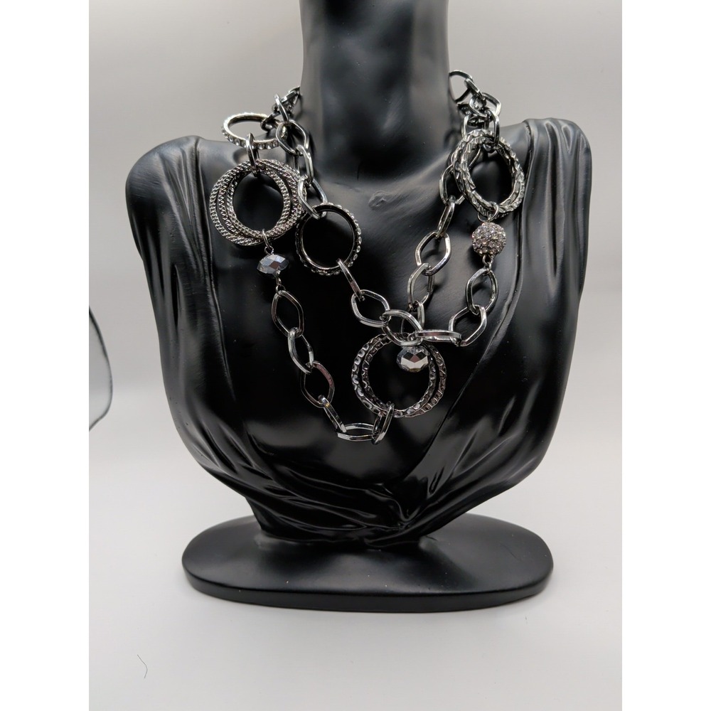 Silver Toned Long Strand Chain Necklace With Round Shimmer Details‎